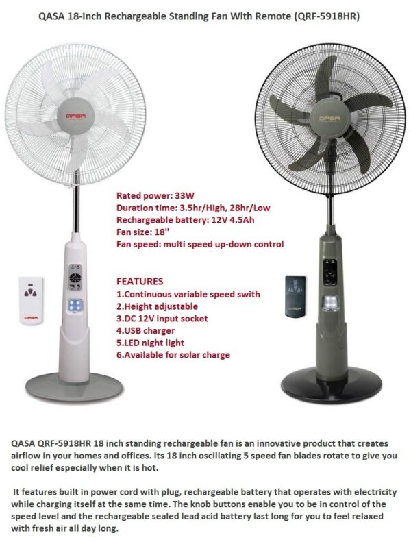 Qasa 18 Inches Rechargeable Fan + Remote Control QRF-5918HR - Image 2
